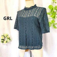 GRL Grail Tops Green Short Sleeves Sheer Ethnic Lace Elegant