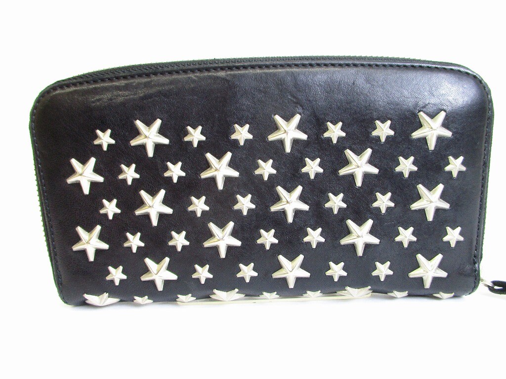 Auth Jimmy Choo Metal Stars Black Leather Round Zip Wallet Auth Jimmy Choo Metal Stars Black Leather Round Zip Wallet