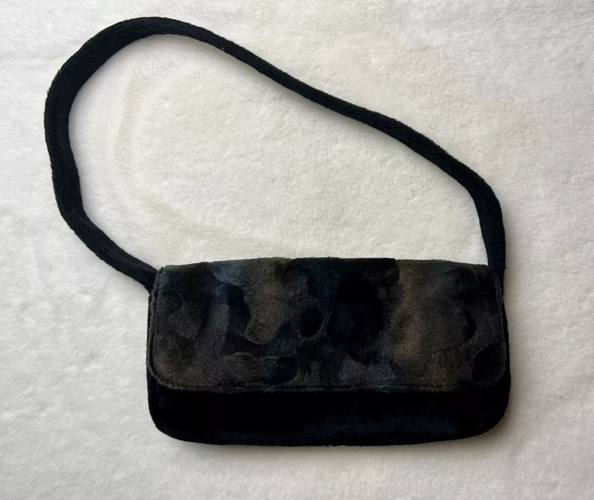 Linea Pelle Faux Fur Shoulder Bag Vintage Black Cow Fuzzy Flap