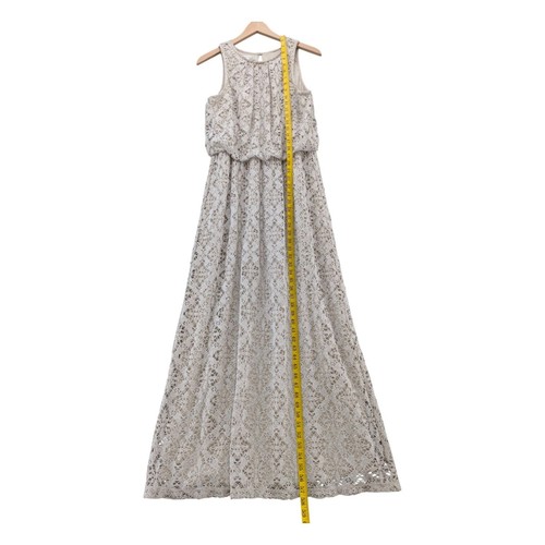 London Times Crochet Maxi Blouson Dress Oatmeal Beige Sleeveless Lined Size 8 - Picture 6 of 9