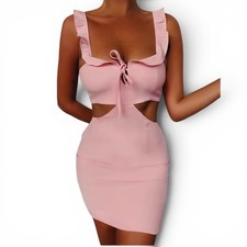 Tiger Mist Pink Cut Out Bodycon Mini Dress Ruffle Bow Size S NWT