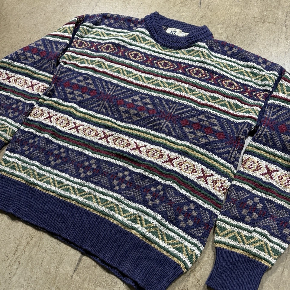 Van Heusen Sweater Chunky Cable Knit Mens Size Medium Geometric 90s USA MADE - Image 3 of 4