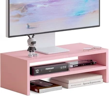 TEAMIX 2 Tiers Pink Monitor Stand Riser, Desktop Stand with Keyboard Storage Sma
