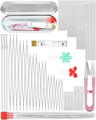 FIVEIZERO 87 Pcs Beading Needles Set   3 Types: 6 Sizes Big Eye Seed silver 