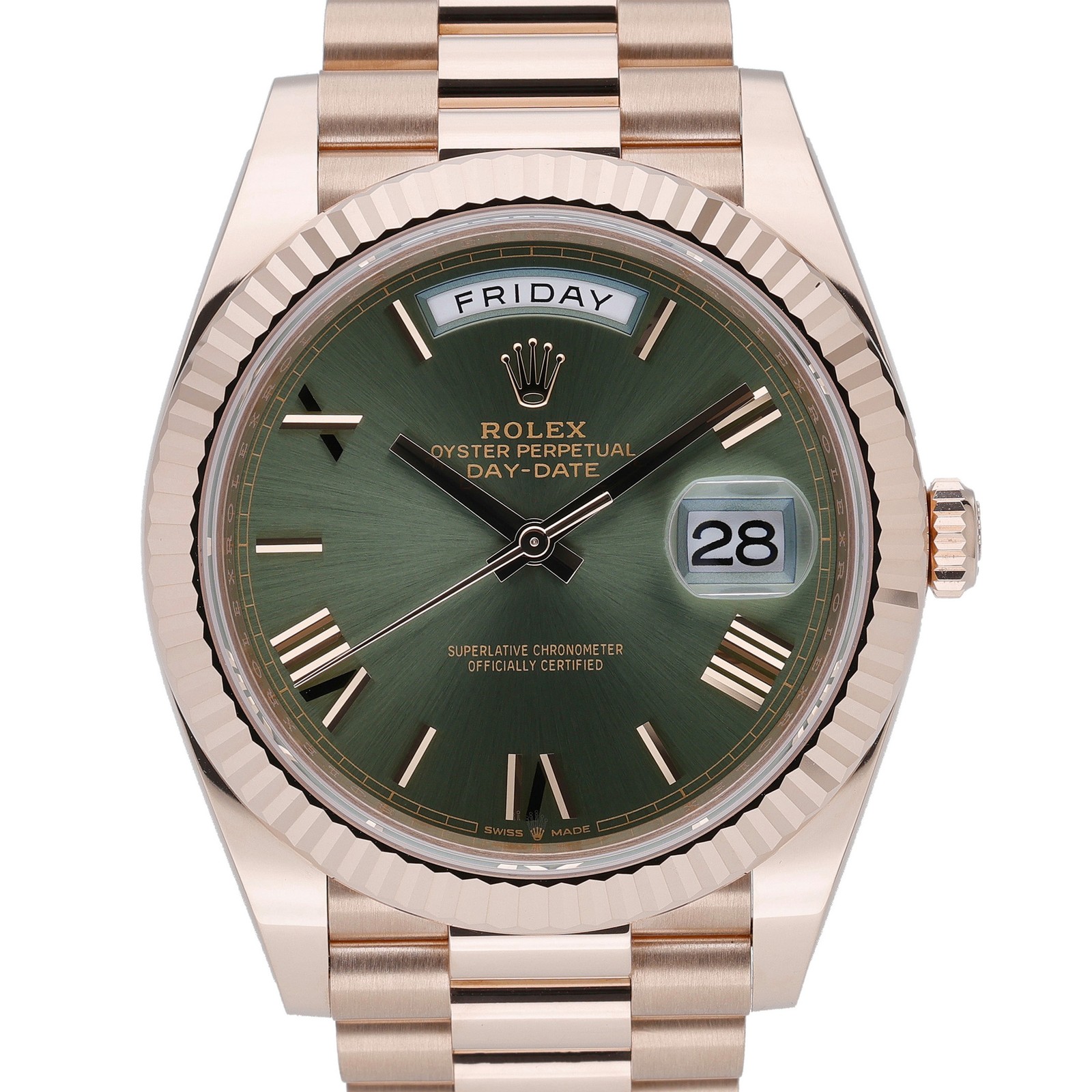 Rolex Day-Date 40 228235 with 40mm 18ct Rose Gold case and Olive Green dial. ...