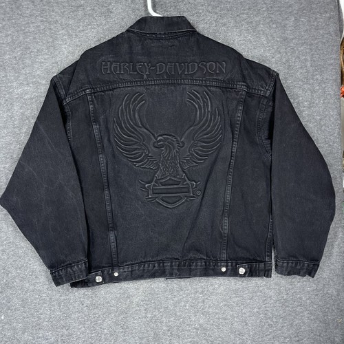 Vintage Harley Davidson Denim Jacket Mens L Black Made In USA Snap Motorcycle