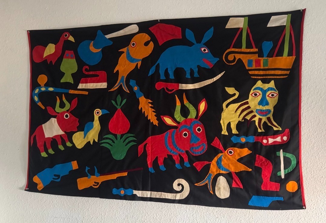 Vintage African Applique Pictorial Tapestry Textile Hand Sewn 36"x57"