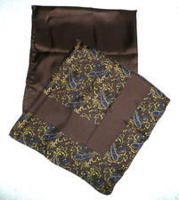 2 VTG ALL SILK POCKET SQUARES BROWN SOLID BROWN PAISLEY W/ NAVY GOLD 18"x18"