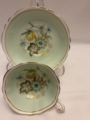 PARAGON TEACUP AND SAUCER FLOATING FLOWERS, BONE CHINA LIGHT GREEN