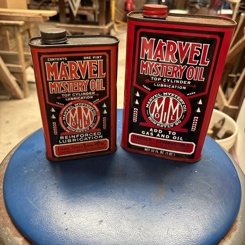 (2) Marvel Mystery Oil Tin Cans (1) Vintage Pint & (1) Qt Can