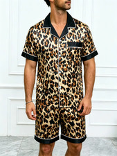 Men's Satin Stripe Pajama Set Short Sleeve Button Shirt Shorts Sleepwear Summer