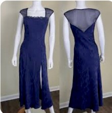 Vintage Victoria Secret Long Slip Dress Gown M Floral Navy Satin Gold Label