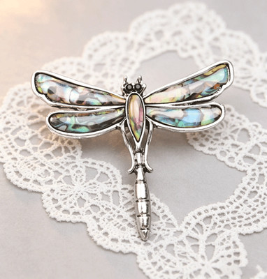 Decoration Alloy Silver Abalone Dragonfly Brooch Pin Pendant with Crystal Eyes