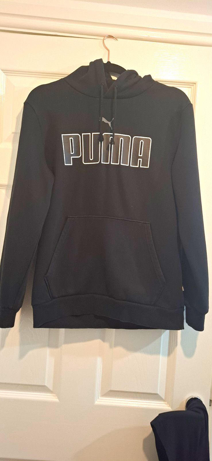 PUMA Men’s Black Graphic Print Logo Pullover Hoodie Drawstring Hood Size M