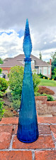 Vintage Italian Empoli Blue Glass Decanter Genie Bottle 22in Italy Made Ripple