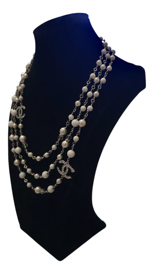 Chanel Perlenkette 3 Reihige Kristall CC Halskette Silber OVP - Bild 2 von 4