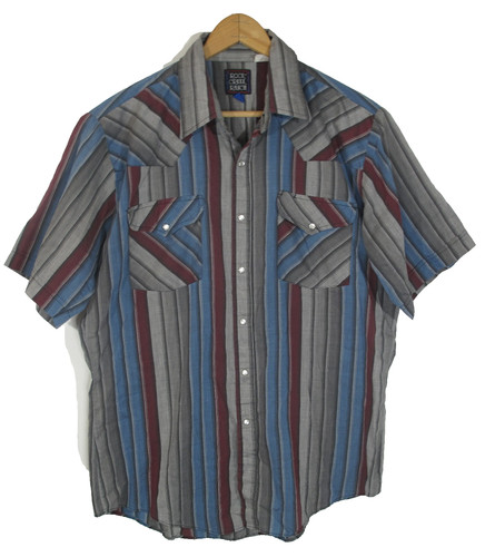 Vtg Rock Creek Ranch Mens Striped Pearl Snap Button Short Sleeve Western Shirt L