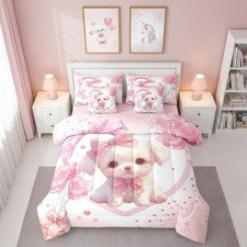 Manfei Cute Dog Comforter Set Sheets Kawaii Puppy Pink Bowknots 7 Piece Bedding