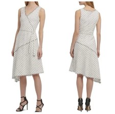 DKNY Striped Fringe Sleeveless Asymmetrical Belted Dress with Pockets Size 10