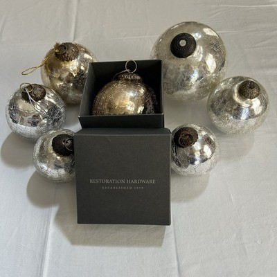Restoration Hardware Mercury Glass Ornaments Set of 7 | 3.5'' 5'' Crackled Silver