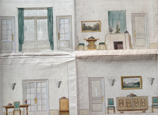 Ancien dessin original architecture, intérieur, canapé, chaises