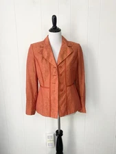 Le Suit Blazer Jacket Peplum Fitted Size 6P 100% Linen Orange Button Front