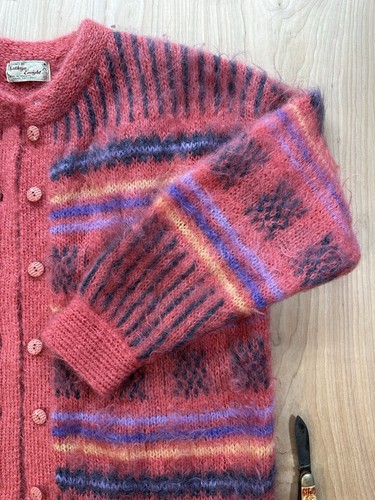 vintage 80's PINK MOHAIR cardigan SWEATER wool LARGE oversized PATTERN new wave - Picture 7 of 24