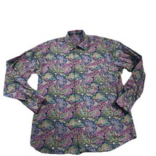 Alan Flusser Paisley Shirt Men's Large Purple Floral Button Up Long Sleeve