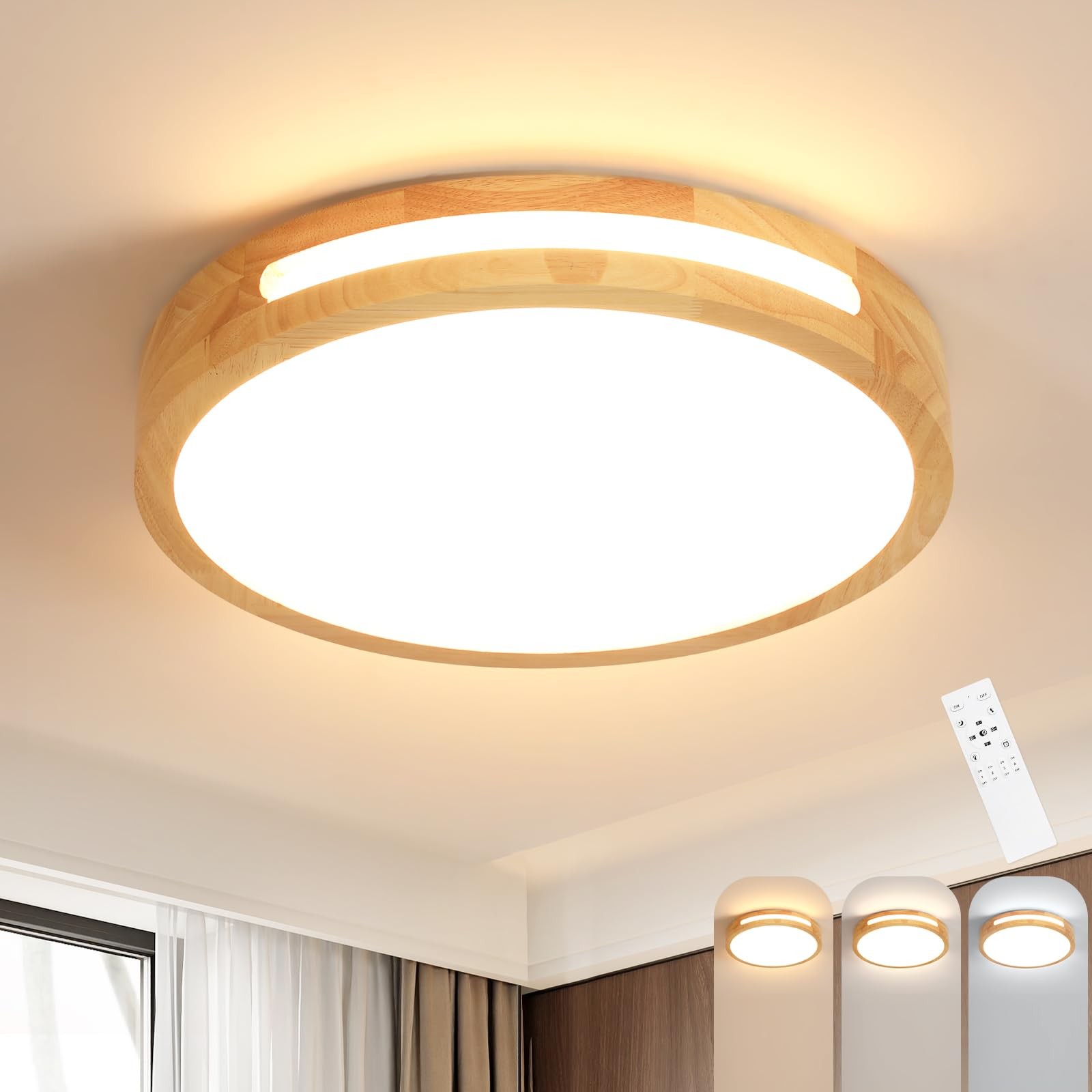 Plafonnier LED Dimmable Rond en Bois 64W, Luminaire Élégant pour Chambre