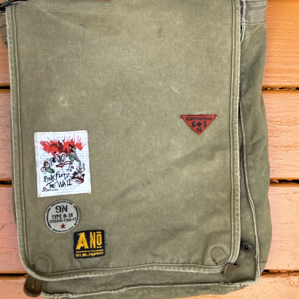 复古旧海军帆布包军队绿色带补丁褪色 90 年代复古棉 — 第 2/4 张图片