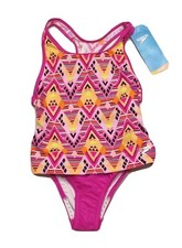 SPEEDO Girls Size 8 Black Pink Tribal Diamond 2-Piece TANKINI Bathing Swim Suit
