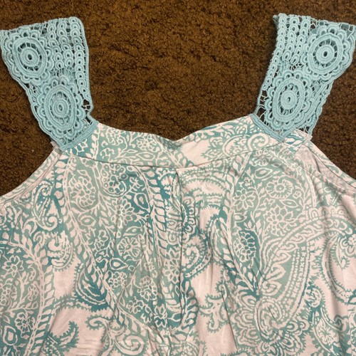 Anne Klein Sleeveless Top Lace Shoulders Paisley Size Large Teal Green Blue EUC - Picture 11 of 11