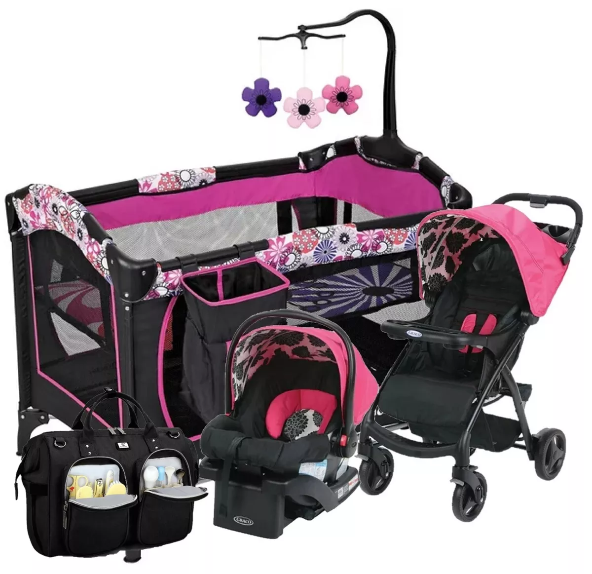 Baby Girl Walk Out Combo Stroller With Car Seat Playard Diaper Bag Newborn  Set