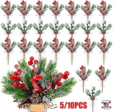 10  Christmas Berries Pine Cones Artificial Pine Picks with Snowflakes Holly US