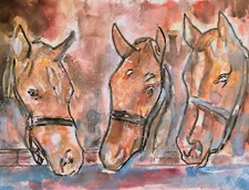 Original Horse Watercolor Painting " Three's a crowd"