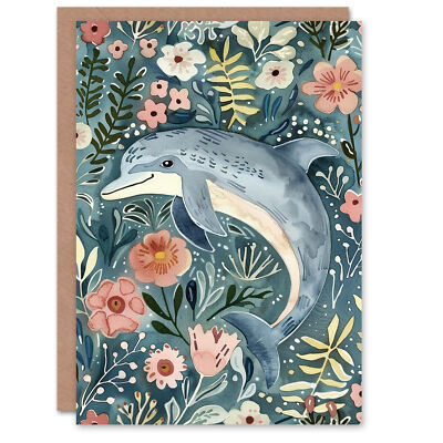 Geburtstagskarte Delfin im Blumenmeer Aquarell Volkskunst
