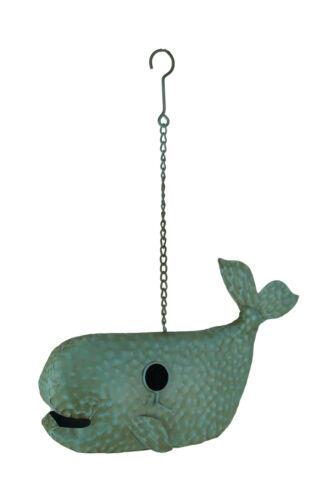 Blue Metal Art Dimpled Whale Shaped Outdoor Hanging Birdhouse Sculpture 17 inch - Picture 1 of 3