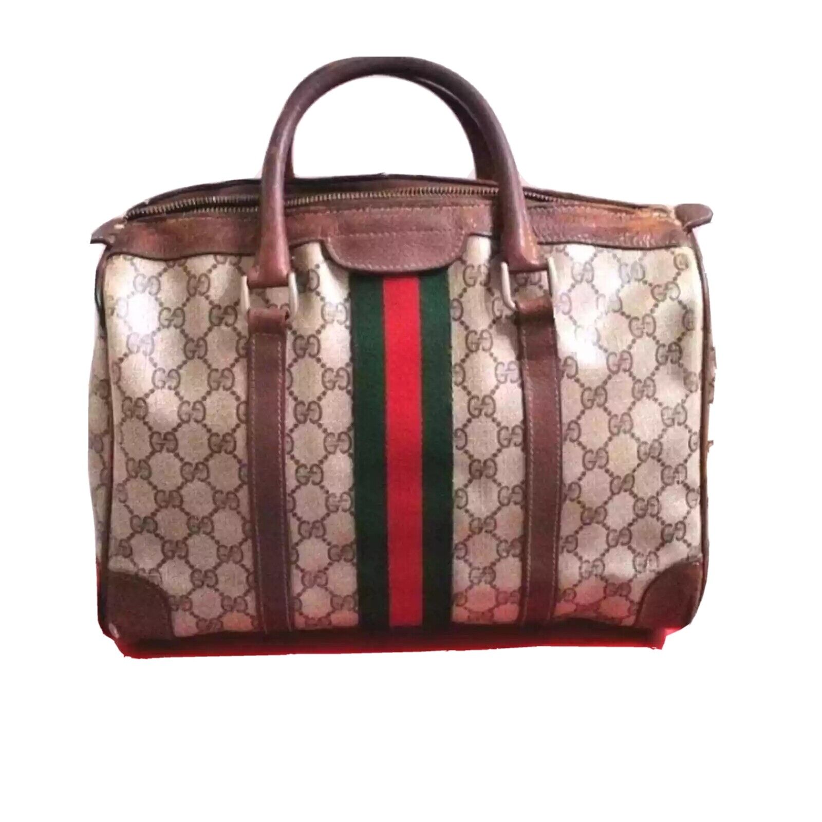 GUCCI Auth Luggage Satchel 1950s RED & GREEN STRIPED Antique w Flaws