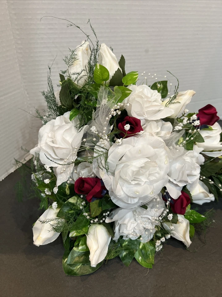 Vintage Bridal Bouquet White And Red Roses With Pearls And Greenery & 1 Bride m - Image 3 of 4