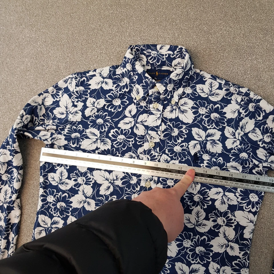 Camisa Ralph Lauren Mujer Mediana Azul Blanco Heidi Floral Tejida Oxford Malla Poni Foto 4 de 4