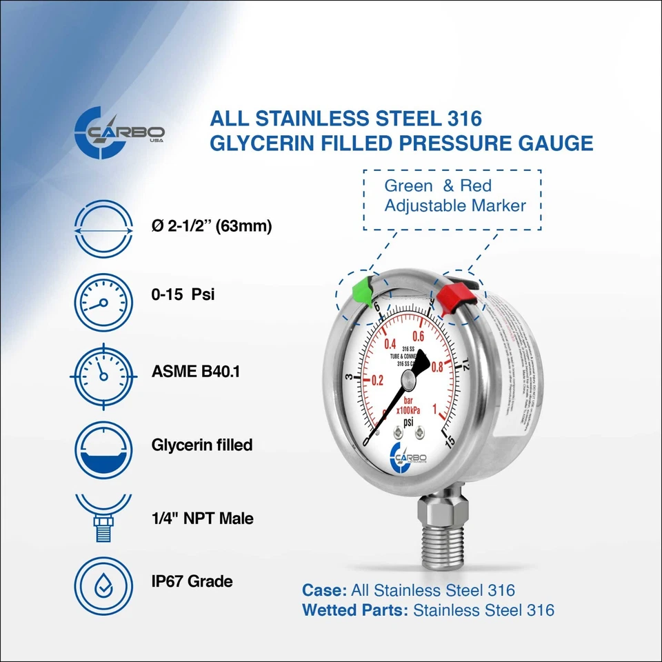 2-1/2" Pressure Gauge, ALL STAINLESS STEEL, Liquid Filled, Lower Mnt, 15 Psi - Image 2 of 4