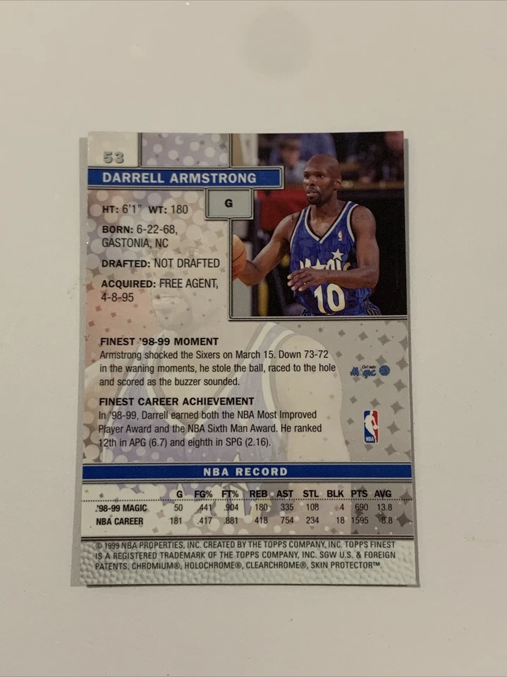1999-00 Topps Finest Refractor Darrell Armstrong #53 Orlando Magic Foto 2 de 3