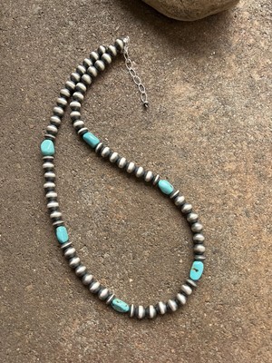Sterling silver 8 mm beads with turquoise nuggets Necklace 29 inch