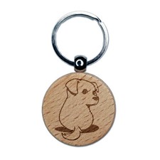 Cute Puppy Looking Back Engraved Wood Round Keychain Tag Charm