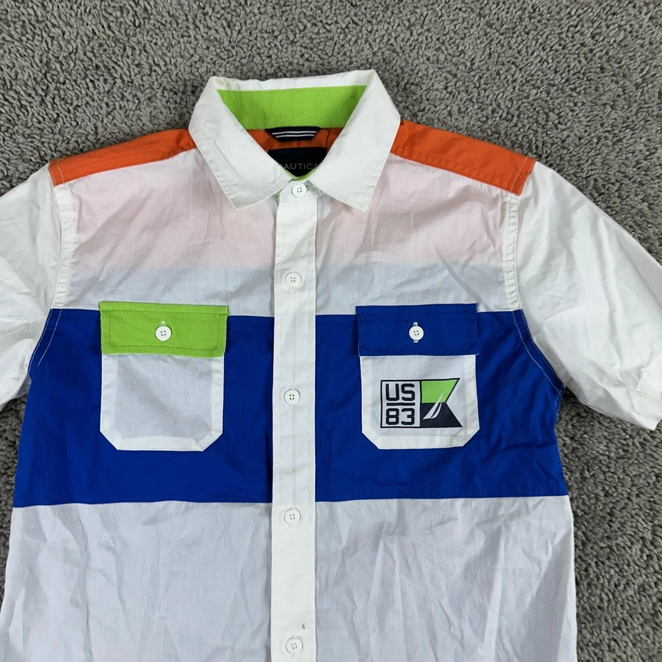 Nautica Shirt Boys Medium 10/12 White Blue Colorblock Button Down Short Sleeve - Image 3 of 4