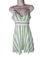 Lulu’s Size Small Green White Striped Mini Dress V-Neck Linen Blend Lined