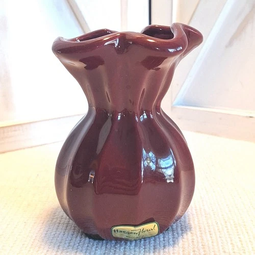 Vintage Haeger Vase Ruffled Pinched Rim Burgundy Swirled Freeform Edge 5" Tall