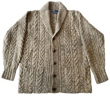 Vintage Polo Ralph Lauren Hand Knit 100 Wool Cardigan Fisherman Cable Medium