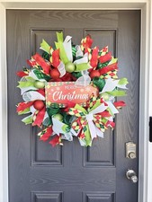 Handmade Merry Christmas Deco Mesh Wreath Red and Green Front Door Decor