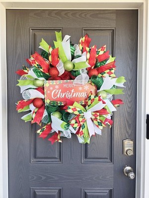 Handmade Merry Christmas Deco Mesh Wreath Red and Green Front Door Decor